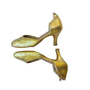 Gold Glitter Sparkle Ballroom Dance Heeled Shoes NEW
